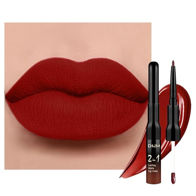 1Pcs 2 in 1 Dark Red Matte Lip Liner and Liquid Lipstick Stain Makeup Set for women, Red Long Lasting Smudge Proof Lip Tint Matte Finish Lip Gloss for All-Day Color Hold Easy to Use 15#