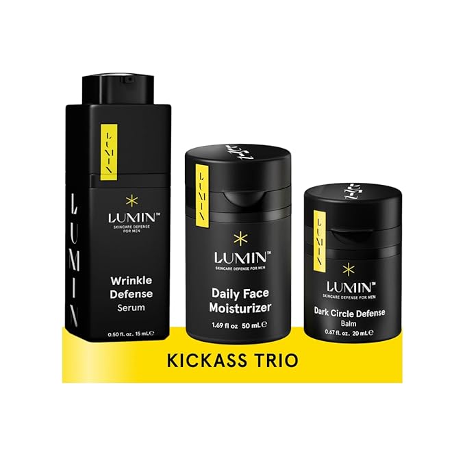 Lumin - Kickass Trio - Daily Face Moisturizer, Wrinkle Defense Serum & Dark Circle Defense Balm, Anti-aging skincare routine for men, Help with Clogged Pores, Dark Circles, Fine Lines, Wrinkles