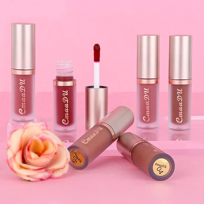 evpct 6Pcs Dark Light Nude Brown Matte Matt Liquid Lipstick Lip Gloss Glossy Set for Black Women, 24 Hour Brown Mauve Red Maroon Silky Velvet Lipstick Lip Liner set labiales matte larga duracion 24