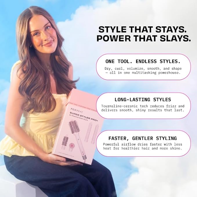 FoxyBae Super Styler Pro Interchangeable Hair Styler Wand Curling Iron Set - w/Drying Cylinder, Ceramic Blowout & Round Brushes, 2 Auto-Wrap Curlers - Frizz-Free, Smooth Hair (Blush)