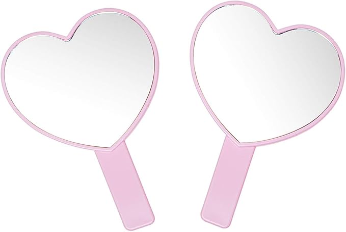 2PCS Heart-Shaped Makeup Hand Mirror,Travel Handheld Mirror Portable Personal Cosmetic Mirror with Handle (Pink)