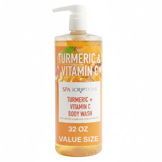 SpaScriptions Turmeric & Vitamin C Body Wash – Brightening Gentle Exfoliation Shower Gel Scrub for Men & Women with Brown Sugar & Hyaluronic Acid for Radiant Glowing Skin, Scented, Paraben Free, 32oz
