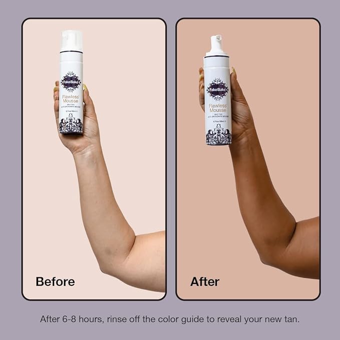 Fake Bake Flawless Self Tanning Mousse Streak-Free, Long-Lasting Natural Glow For All Skin Tones Women & Men - Sunless Tanner Includes Mitt For Easy Application, Black Coconut Scent - 6.7 oz