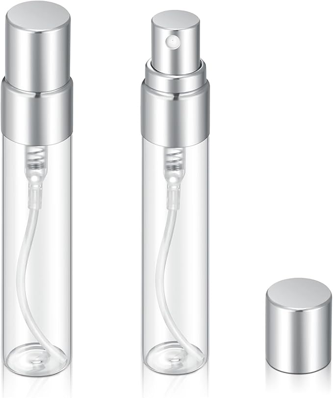 20Pcs 5ml Empty Clear Glass Mist Spray Bottle Refillable Mini Perfume Atomizer Travel Sample Bottle with Silver Aluminized Nozzle Makeup Container for Perfume (5ml Silver Caps)