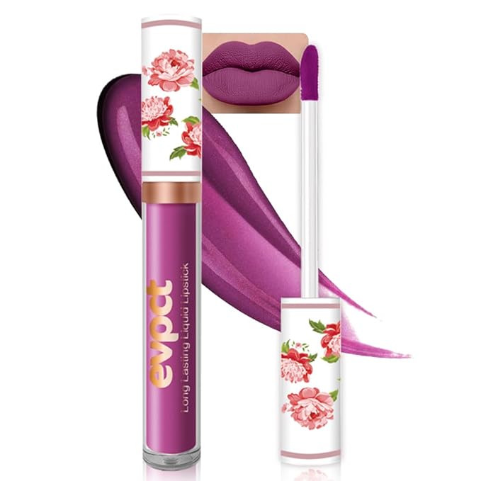 evpct 1Pcs Purple Matte Liquid Lipstick Lip Stain Sets for Women, Peony Flower Mauve Violet Pueple Matte+Lipstick Long Lasting Permanent 24 hr Hours Magic Lipstick 24 Hours original Waterproof, 06#