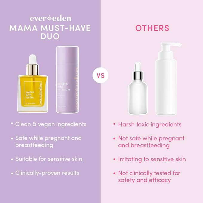 Evereden Mama Must-Have DUO - Golden Belly Stretch Mark Oil & Nourishing Stretch Mark Cream - Dermatologist-Developed Clean & Vegan Maternity Skin Care for Stretch Mark Reduction & Skin Hydration