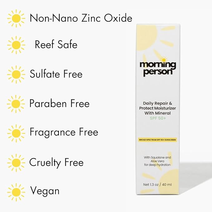 Daily Repair & Protect Moisturizer with Mineral Sunscreen Face SPF 50+ I With Squalane and Aloe Vera for Deep Moisture I UVA/UVB & Blue Light Protection I No White Cast I Reef Safe I Vegan