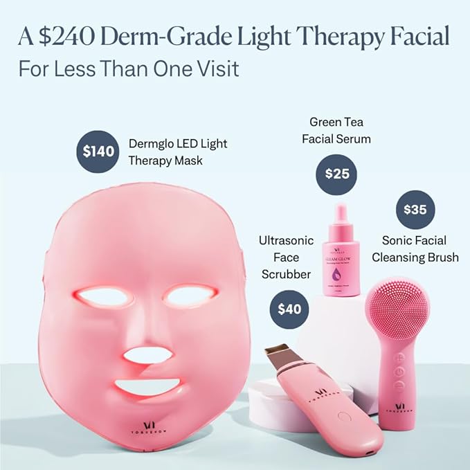 VogueNow LED Face Mask Light Therapy Premium Spa Kit (4 Pcs) - With Ultrasonic Scrubber, Ultrasonic Brush & Green Tea Serum - 7 Colors (Blue & Red) Light Therapy Mask - Christmas Gifts for Women