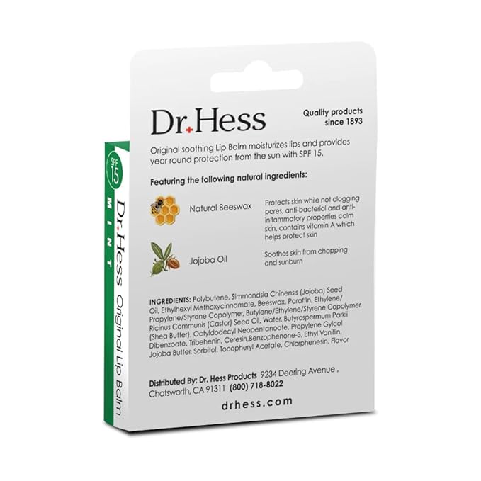 Dr. Hess Original Udder Stick SPF Lip Balm, Soothing Moisturizer Sun Screen Balm for Dry Lips with Jojoba, Beeswax & Shea Butter, Total Lip Care, Hydration & Repair, Mint Flavor, 4 Pack