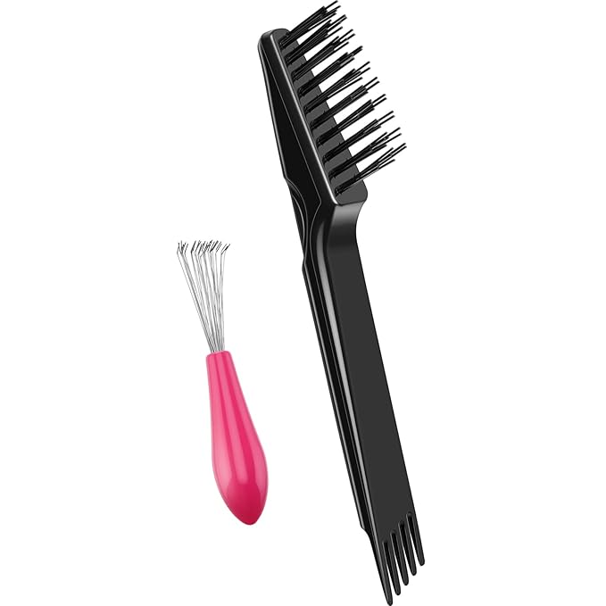 Boao 2 Pieces Hair Brush Cleaning Tool Comb Set Mini Hair Brush Dirt Remover with Metal Wire Rake for Removing Hair Dust Home and Salon Use(Pink and Black)