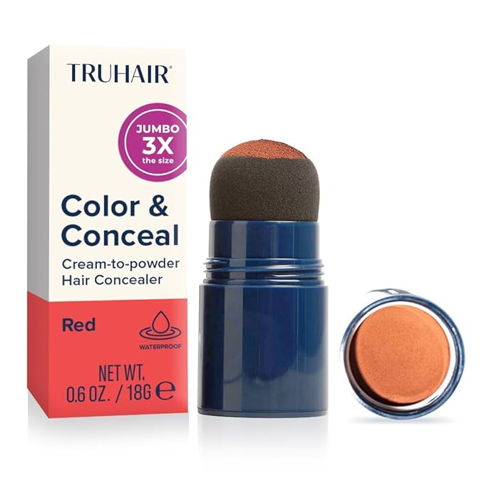 TRUHAIR Jumbo Color & Conceal Waterproof Root Touch Up Hair Color for Gray Hair Coverage - Instant Root Cover Up Hair Powder for Women & Men - Bald Spot Concealing, Hairline Filling (Red)