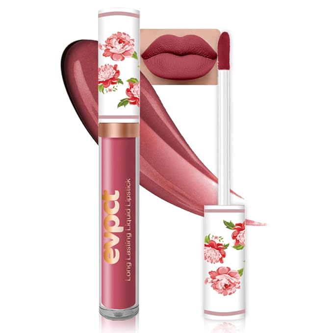 evpct 1Pcs Wine Red Matte Liquid Lipstick Lip Stain Sets for Women, Peony Flower Mauve Red Matte+Lipstick Long Lasting Permanent 24 hr Hours Magic Lipstick 24 Hours original Waterproof, 05#