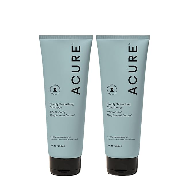 Acure Simply Smoothing Shampoo and Conditioner Set - Hydrating & Moisturizing for Women & Men, Moisturize Frizzy, Dry, Damaged Hair w/Coconut Water, Vegan, Paraben & Sulfate Free - 8 fl oz (2 Pack)
