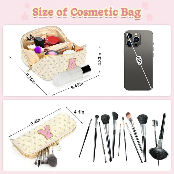 Personalized Travel Makeup Bag Set, Initial Travel Cute Floral Makeup Organizer Bag, Beige Toiletry Skincare Cosmetic Bag, Valentine’s Day Gifts for Women/Girls, Open Flat Toiletry Pouch Brush Bag