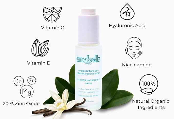 Natural Mineral & Invisible Moisturizing Serum with SPF 50 Lightweight Non-Greasy with Hyaluronic Acid Niacinamide Vitamin C Vitamin E & Non-Nano Zinc-Oxide