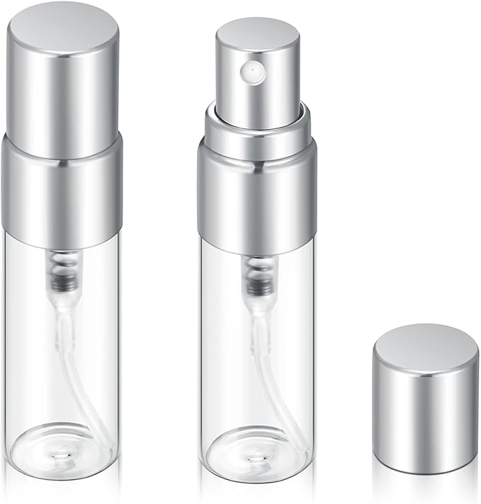 20Pcs 3ml Empty Clear Glass Mist Spray Bottle Refillable Mini Perfume Atomizer Travel Sample Bottle with Silver Aluminized Nozzle Makeup Container for Perfume (3ml Silver Caps)