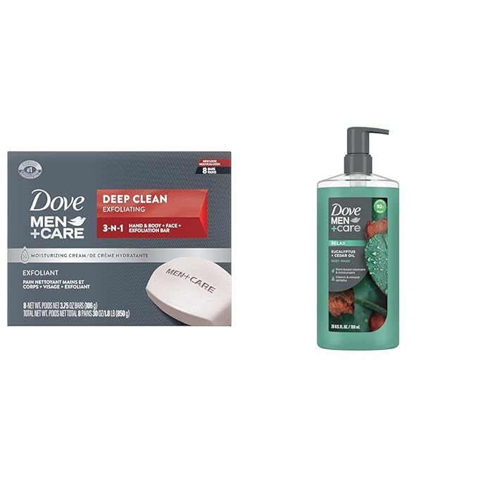 DOVE MEN + CARE Deep Clean Bar Soap and Eucalyptus + Cedar Oil Body Wash Bundle, 8 Pack 3.75oz Bar Soap and 26oz Body Wash