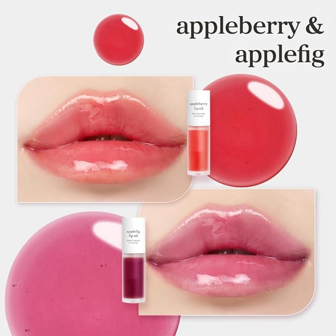 NOONI Korean Lip Oil Set - Appleberry & Applefig | Long-Lasting, Moisturizing, Plumping, Revitalizing for Dry Lips, Waterproof, No Peel Off, Stocking Stuffers, lip plumper 0.12 FL Oz x 2ea