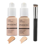 2 Pcs Phoera Foundation Makeup 102 and 104 Liquid Full Coverage 24HR Matte Oil Control Foundation Makeup Concealer (Nude & Buff Beige) with Kabuki Foundation Brush Flat Top