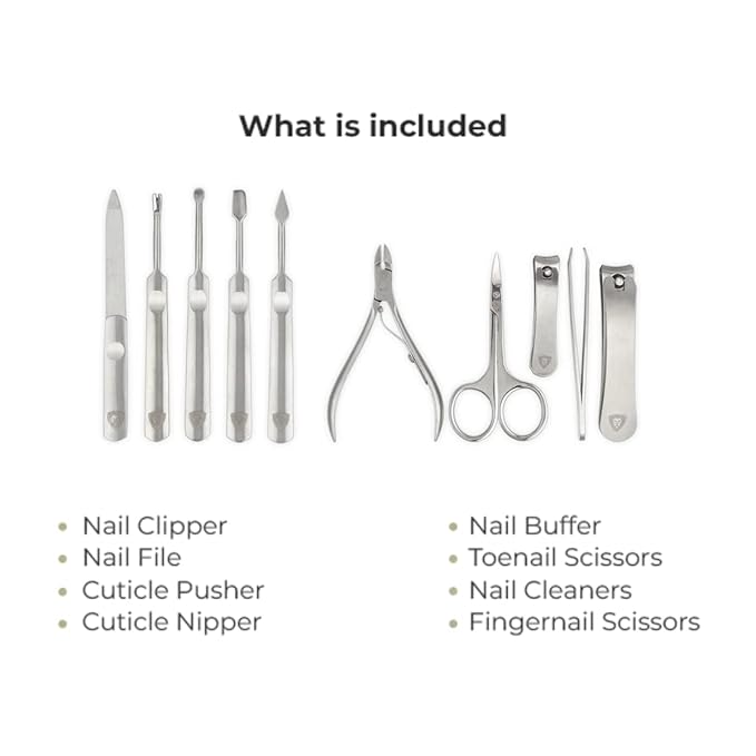 Leovard- Premium Leather Nail Grooming Kit for Men & Women | Manicure Pedicure Set 10 Pcs Stainless Steel Luxury Grooming Kit W/Genuine Full-Grain Leather Travel Carrying Case | Posh Gifts