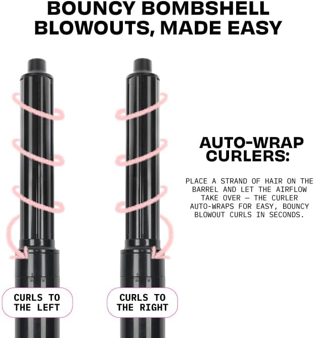 FoxyBae Super Styler Pro Interchangeable Hair Styler Wand Curling Iron Set - w/Drying Cylinder, Ceramic Blowout & Round Brushes, 2 Auto-Wrap Curlers - Frizz-Free, Smooth Hair (Black Rose-Gold)