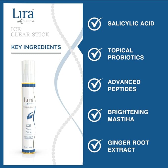 Lira Clinical ICE Clear Stick - On-the-Go Acne Spot Treatment Stick Infused with Salicylic Acid & Collagen Peptides - Quick Fix Pimple Stick to Combat Breakouts & Reduce Redness - 0.5 fl oz
