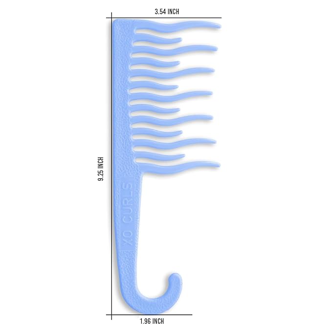 XO Curls Shower detangling hair comb, Wide tooth comb, Comb with hook for easy hanging in shower, Gentle on Scalp, Hair comb for with curly & wavy hair (Blue)