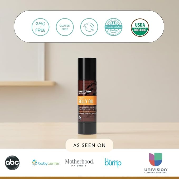 Mambino Organics Oh Baby! Belly Oil for Pregnant Women, Organic Stretch Mark Oil for Pregnancy, Postpartum Skin Elasticity, Hydration, With Tamanu, Shea Butter, Calendula, Vegan, Non-GMO, 2 fl oz