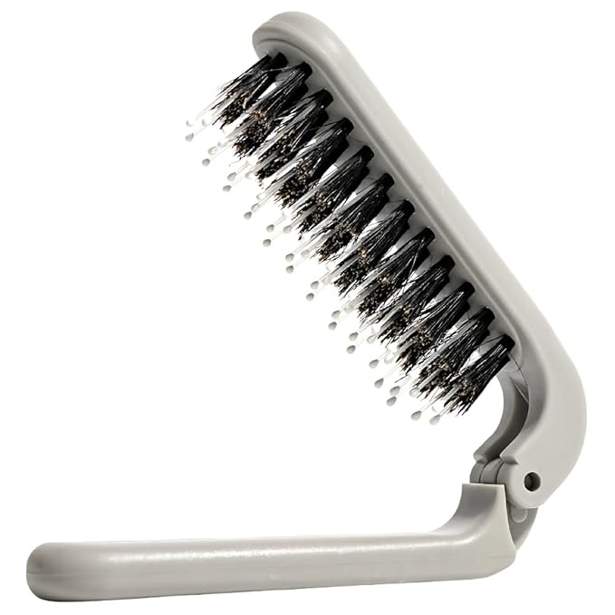 Uffy MiniPop Travel Hair Brush – Mini Folding Boar Bristles for Women, Men & Kids | Kid-Friendly Portable Purse Brush for Wet & Dry Hair, Curly or Straight | Pocket-Size Detangler – Soft Grey