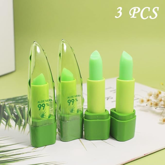BINGBRUSH Aloe Vera Color Changing Green Lipstick Queen, Long Lasting Lip Care Nutritious Lip Balm Moisturizer Magic PH Lipstick Temperature Change Lip Gloss Makeup Set for Women (3Pcs Aloe Vera)