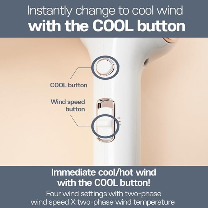 JMW Korean Professional Salon Hair Dryer AIR B with Diffuser & Dryer Stand 1600W - Lightweight, Powerful BLDC Motor, 100% Cool Wind Without Heat, Compact, Low Noise Blow Dryer for Home & Salon