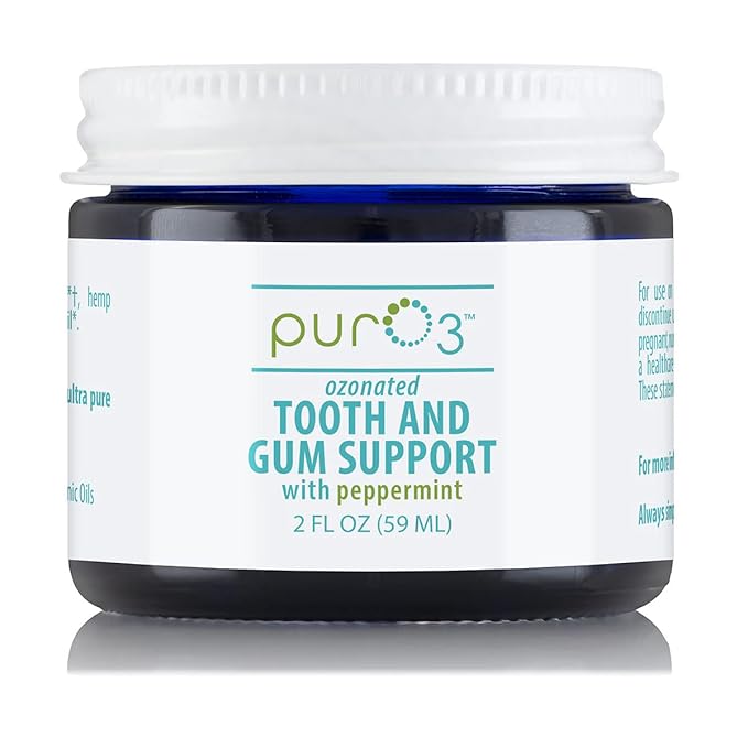 PurO3 Ozone Tooth & Gum Support – Ozonated Organic Olive Oil & Essential Oils for Complete Oral Care & Fresh Breath, Natural Fluoride-Free Solution for Deep Cleaning, Peppermint, 2 Fl Oz Gel