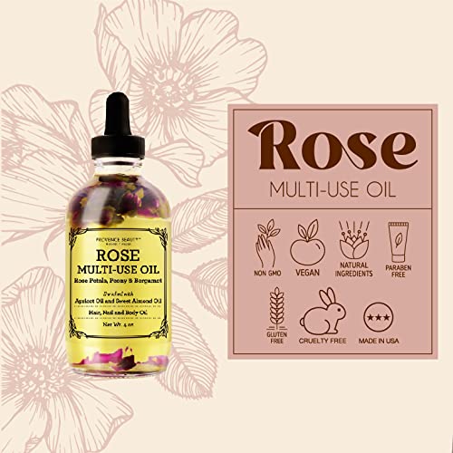 BEAUTE DE PROVENCE Multi-Use Oil for Face, Body and Hair - Organic Blend of Apricot, Vitamin E and Sweet Almond Oil Moisturizer for Dry Skin, Rose Petals, Bergamot Essential Oil - 4 Fl Oz