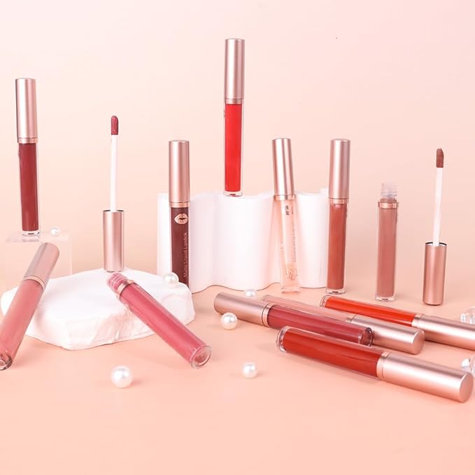 evpct 12Pcs Matte Liquid Lipsticks Set with Moisturize Lip Oil, Maroon Plum Mauve Orange Wine Deep Red Lipstick Long Lasting Waterproof, Non-stick Cup Lip Gloss Kit Pigmented 24 Hours Makeup for Women