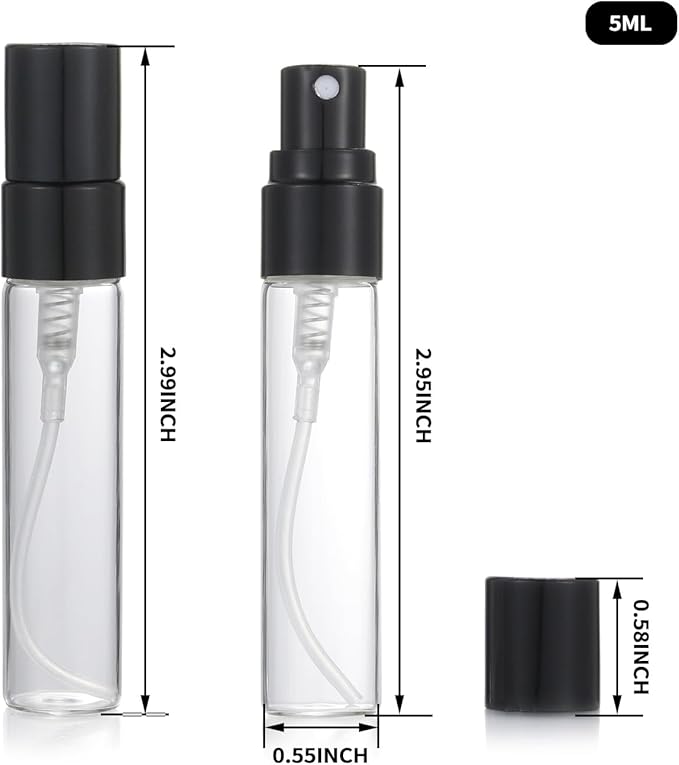20Pcs 5ml Empty Clear Glass Mist Spray Bottle Refillable Mini Perfume Atomizer Travel Sample Bottle with Black Aluminized Nozzle Makeup Container for Perfume (5ml Black Caps)