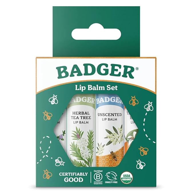 Badger Classic Organic Lip Balm Set - Green Box, Long Lasting Lip Moisturizer Gift Set, Light Silky Texture, All Natural Lip Balm Variety Pack Lip-Set (Unscented, Tea Tree, Mint & Tangerine), 4 pack