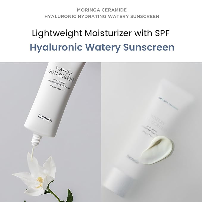 HEIMISH Moringa Ceramide Hyaluronic Hydrating Watery Sunscreen - SPF Face Moisturiser, Daily Sunscreen For Face, Broad Spectrum SPF 50, Non-greasy, Lightweight with Hyaluronic Acid, 1.7fl.oz/50ml
