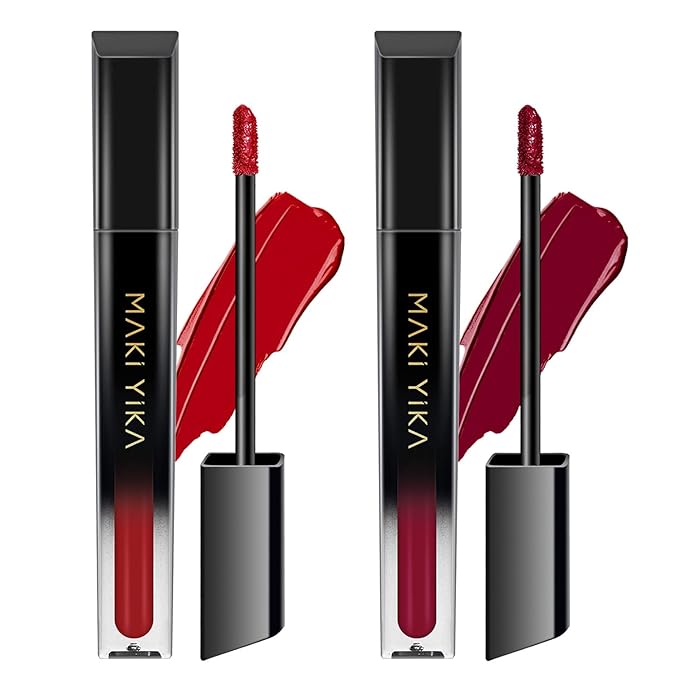 MAKI YIKA 2Pcs Matte Liquid Lipstick Set MVP Red Burgundy Lipstick Long Lasting Smudgeproof Transfer Proof Lip Makeup, Burgundy/MVPRed
