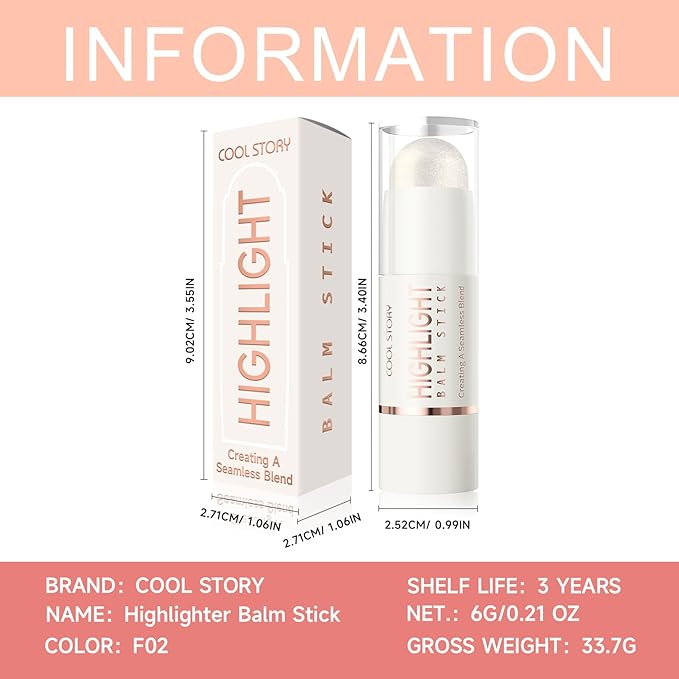 Cool Story 3-in-1 Makeup Set, Highlighter, Blush and Contour Balm Stick, Cream Formula for Face Contouring, Professional Cosmetic Kit (Highlight-F02)