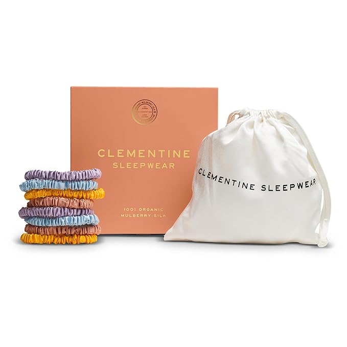 Clementine Sleepwear Essentials Organic Silk Scrunchie Set Flower Shop | 8 Skinny Scrunchies Made with GOTS Certified Silk for Frizz-Free Styling and Gentle Hair Care