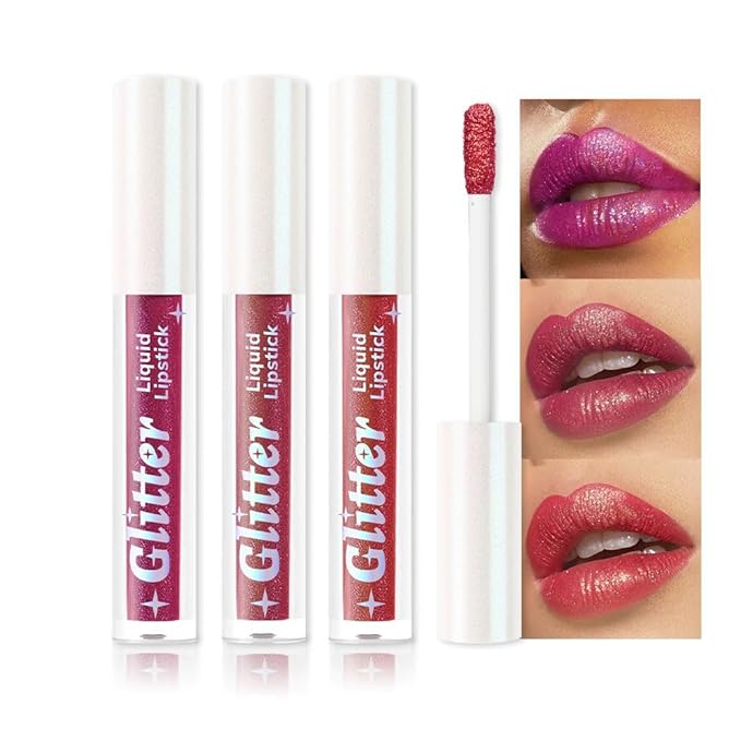 AMY'S DIARY 3Pcs Glitter Liquid Lipstick Set – Violet Purple, Ruby Wine, Cherry Red – Shimmer Metallic Lip Gloss, Long-Lasting Waterproof Lip Color, High Shine Sparkle Makeup for Women (Set c)
