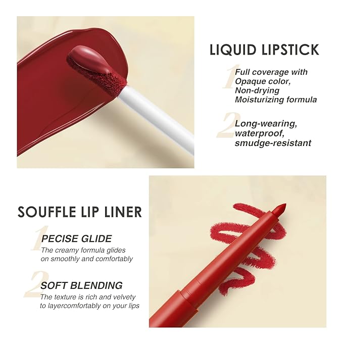 BestLand 6Pcs Matte Liquid Lipstick and Lip Liner Set, Non-Stick Cup Not Fade Waterproof 24 Hour Lip Gloss Nude Brown Lip Liner Pencil for Women, labiales mate 24 horas originales (Set C)