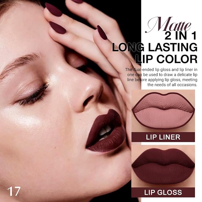 Kaely 2-in-1 Matte Lipstick and Lip Liner, Liquid Lip Stain Makeup for women Long Lasting Waterproof Smudge Proof, labiales matte mate larga duracion listip 24 hours originales, 17 Deep Red