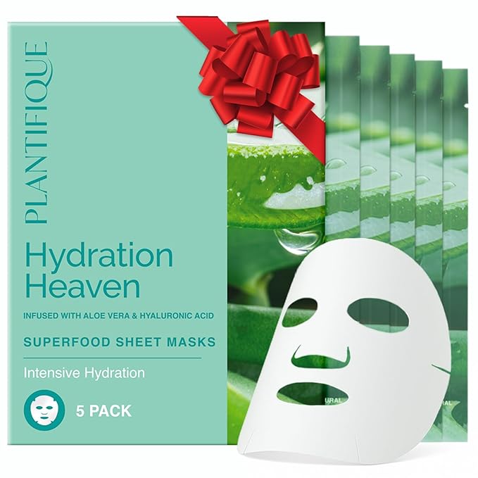 PLANTIFIQUE Facial Sheet Mask Hydration Heaven 5 pack – Aloe Vera & Hyaluronic Acid Hydrating & Refreshing Face Masks – Korean Skincare for Dry or Tired Skin
