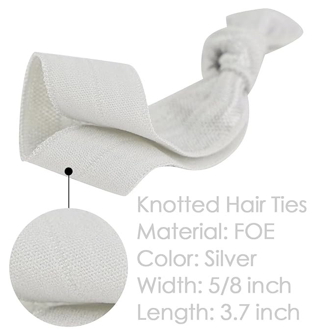 MEEDEE 100 Pack Silver No-Crease Soft Ribbon Knotted Ouchless Hair Ties for Women, Yoga, and Ponytails - Elastic Bracelets