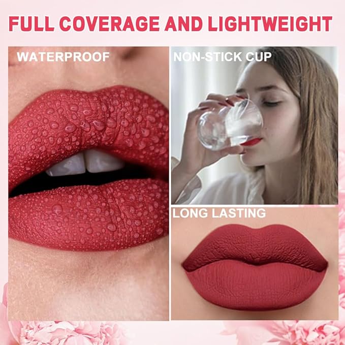 evpct 1Pcs Ruby Red Matte Liquid Lipstick Lip Stain Sets for Women, Peony Flower Dark Red Matte+Lipstick Long Lasting Permanent 24 hr Hours Magic Lipstick 24 Hours original Waterproof, 04#