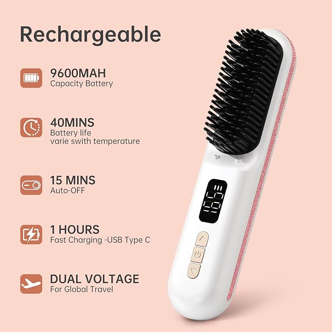 Hair Straightener Brush, Portable Cordless Straightening Brush for Travel, Negative Ion Hot Comb Hair Straightener with 9 Temps for Women, Anti-Scald Ceramic, Fast Charge