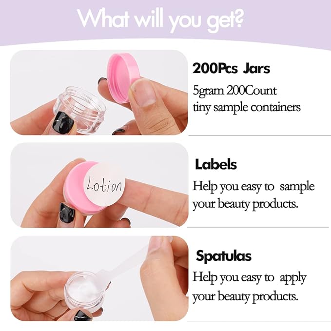 3 Gram Sample Jars with Lids - 200 Count Mini Cosmetic Containers for Makeup, Lip Balm & Travel with Labels & Disposable Spatulas