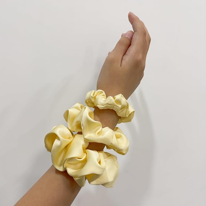 3 Pieces Satin Scrunchies Set for Hair No Crease Elastic Hair Ties for Women and Girls (Light Yellow)