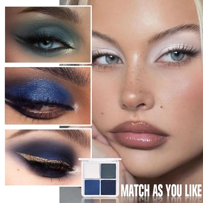 Kaely Powder Eyeshadow Quad, Blue Green Glitter Shimmer Eyeshadow Palette Makeup, Neutral Eye Shadow Palette for Older Women Pigmented Waterproof, sombras para ojos, Blendable, Cruelty-free, 08